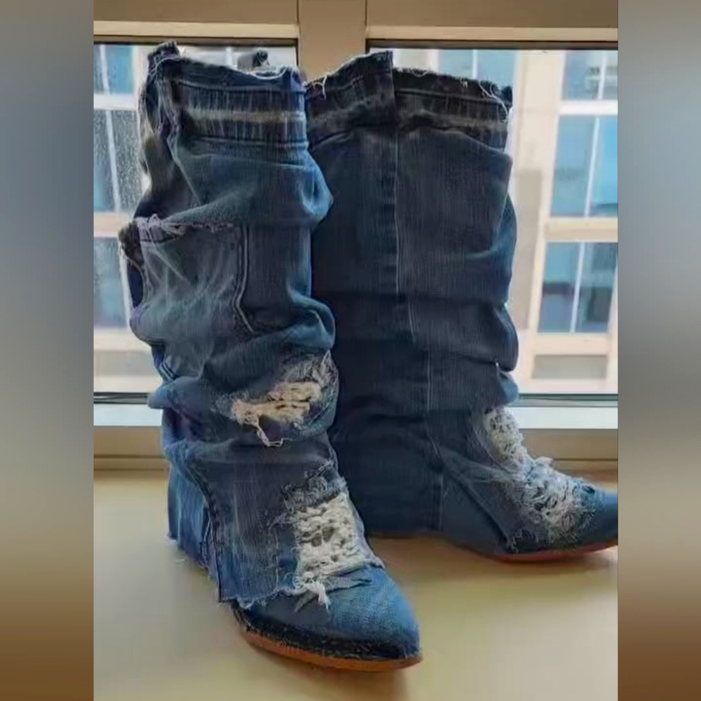 The "ARLOWE" Denim Distressed Women's Boho Western Boots